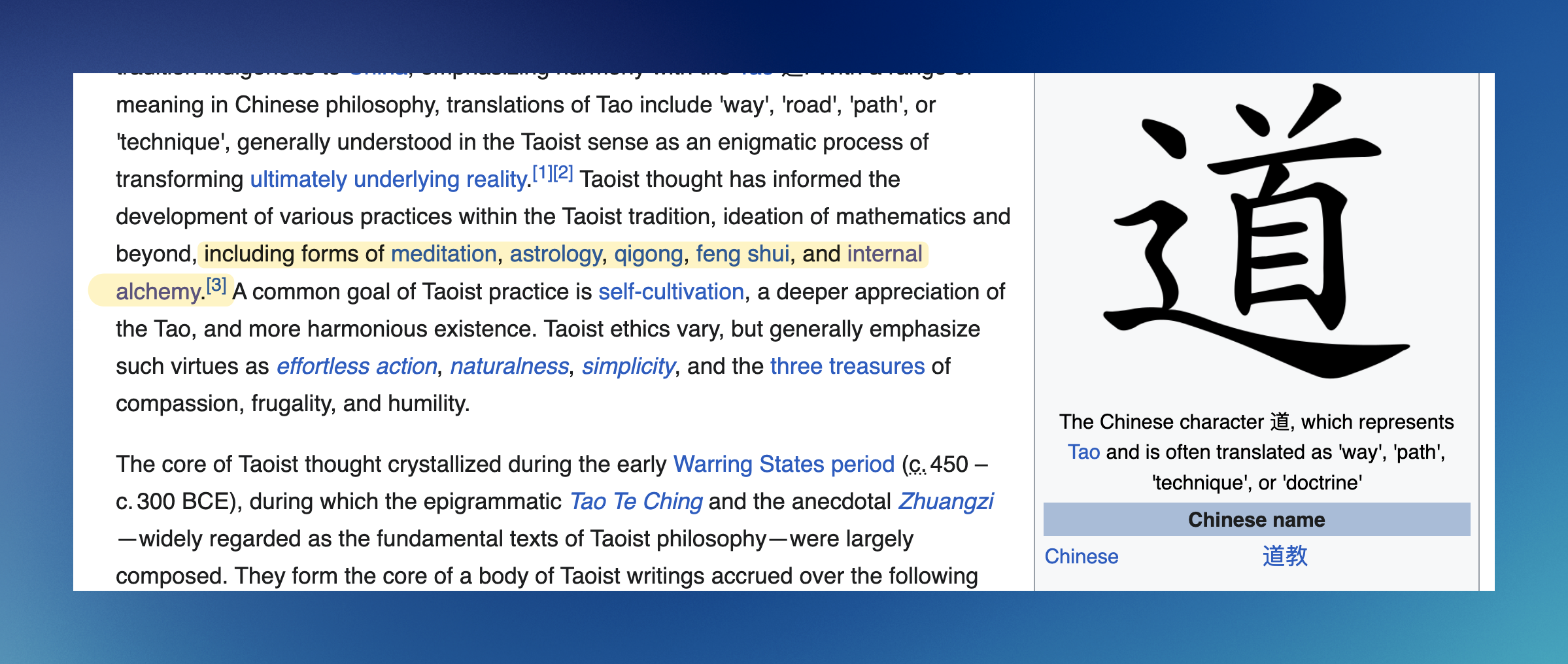 Wikipedia screenshot showing Taoism influences